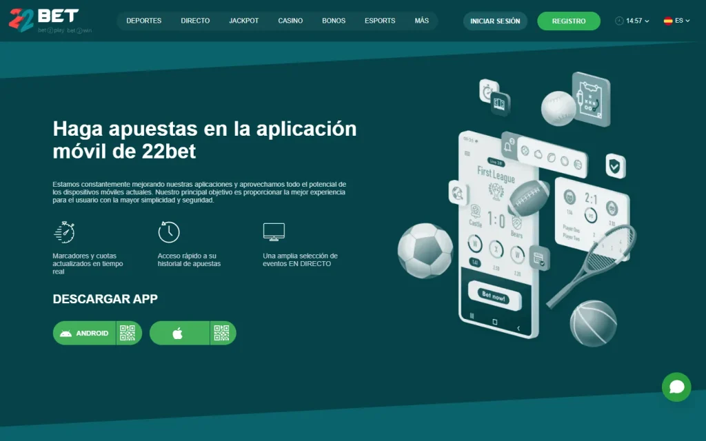 Página de la aplicación de 22Bet