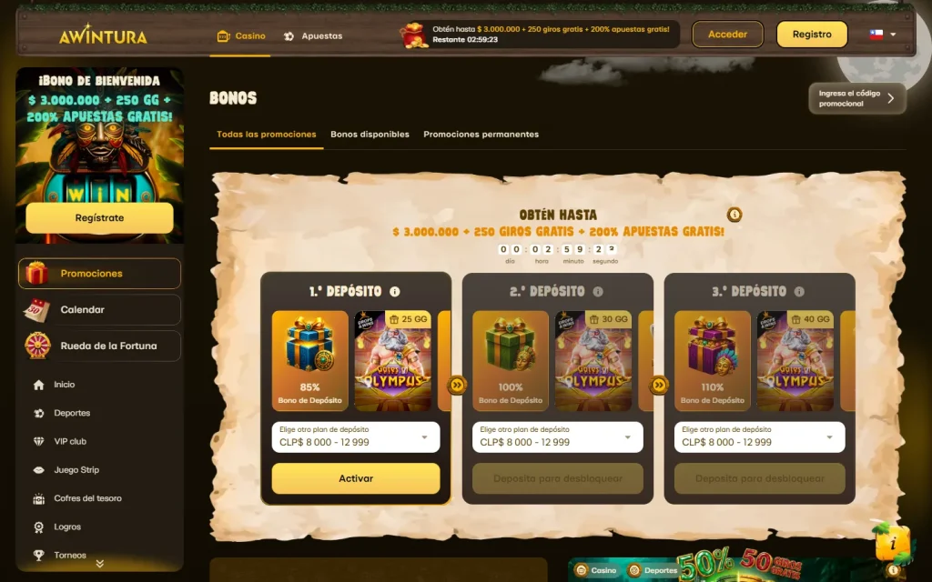 Página de promociones de Awintura