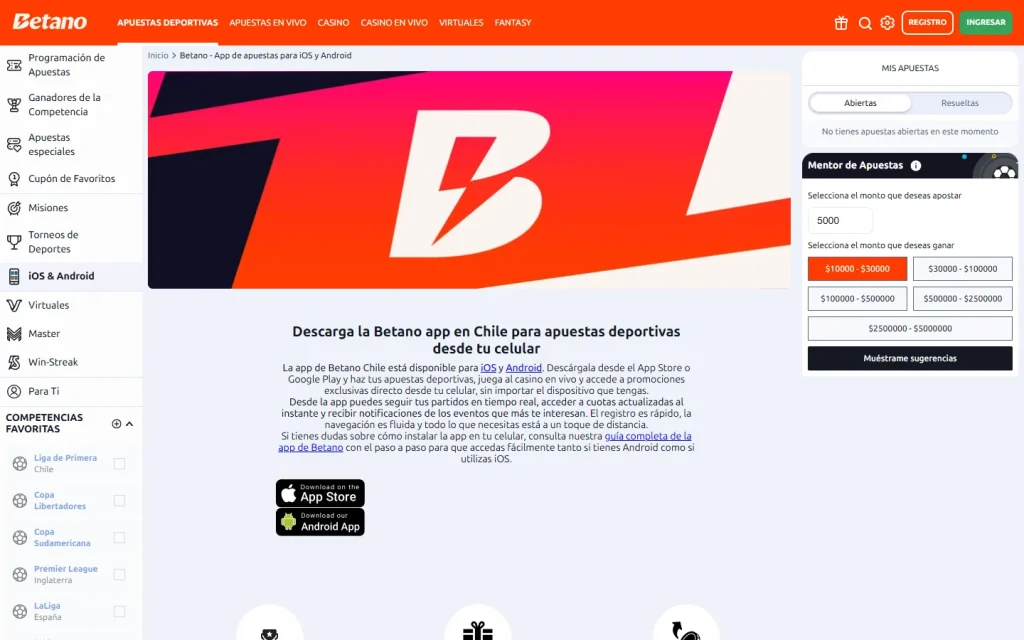 Página de la aplicación de Betano