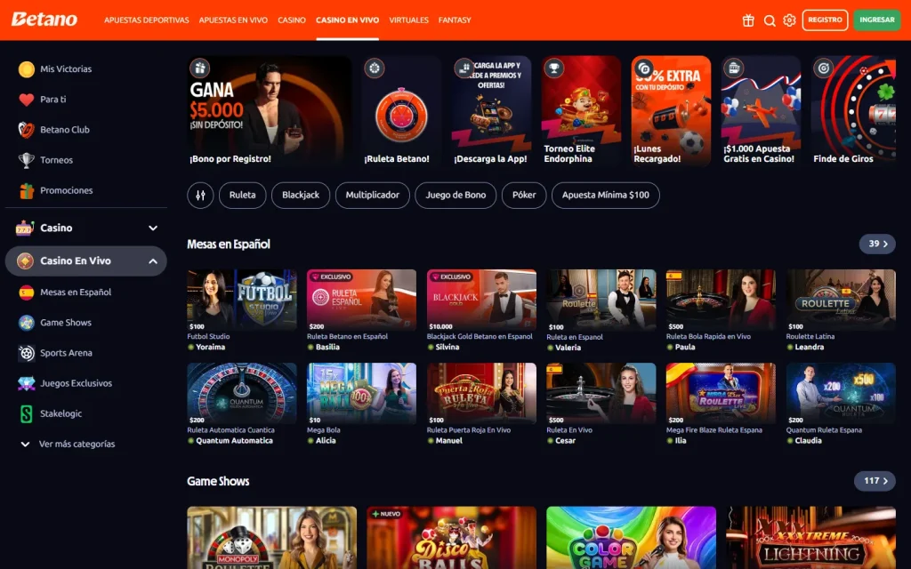 Lobby de casino en vivo de Betano