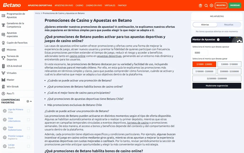 Página de promociones de Betano