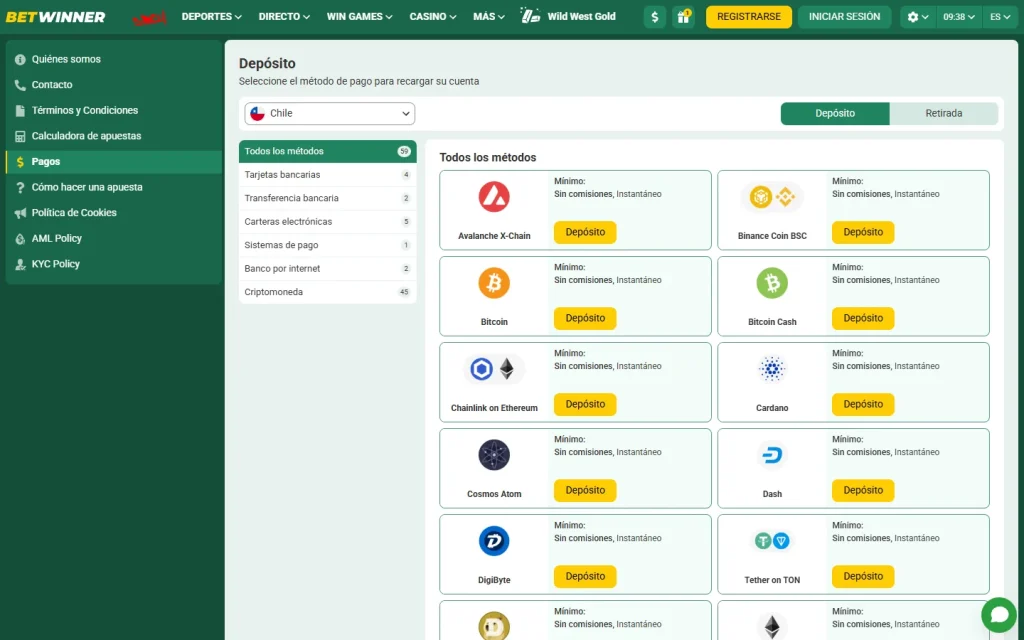 Métodos de pago que muestra Betwinner