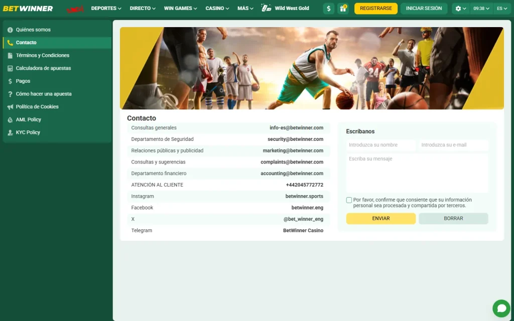 Página de contacto de Betwinner