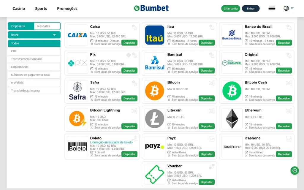 Métodos de pago que muestra Bumbet