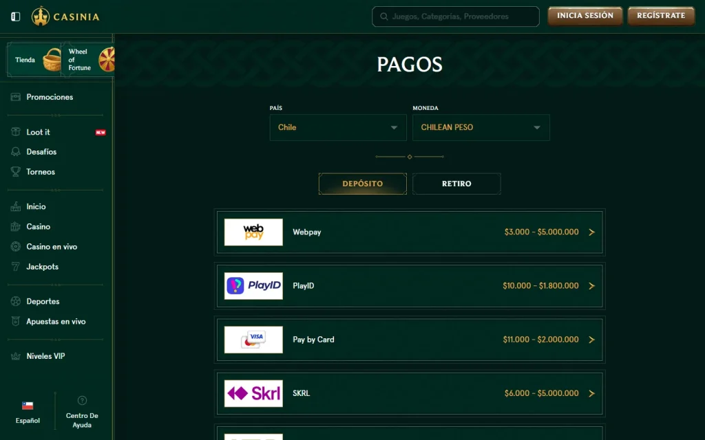 Métodos de pago que muestra Casinia