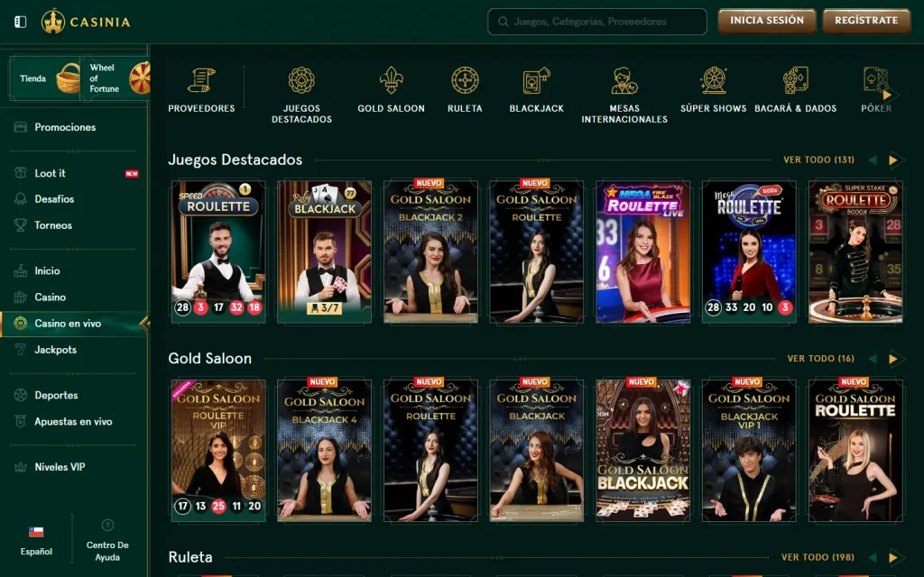 Lobby de casino en vivo de Casinia
