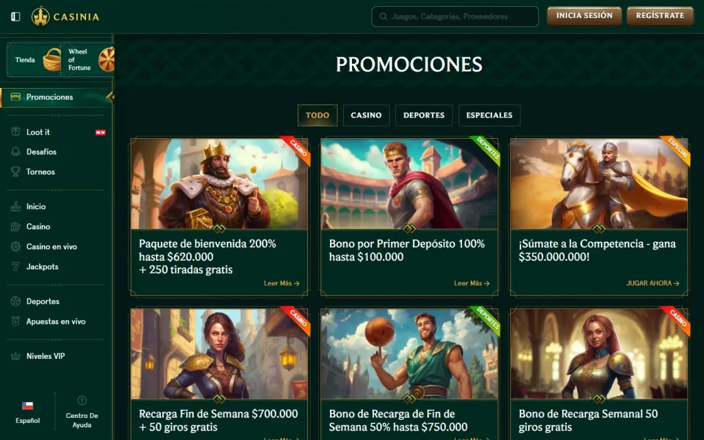 Página de promociones de Casinia