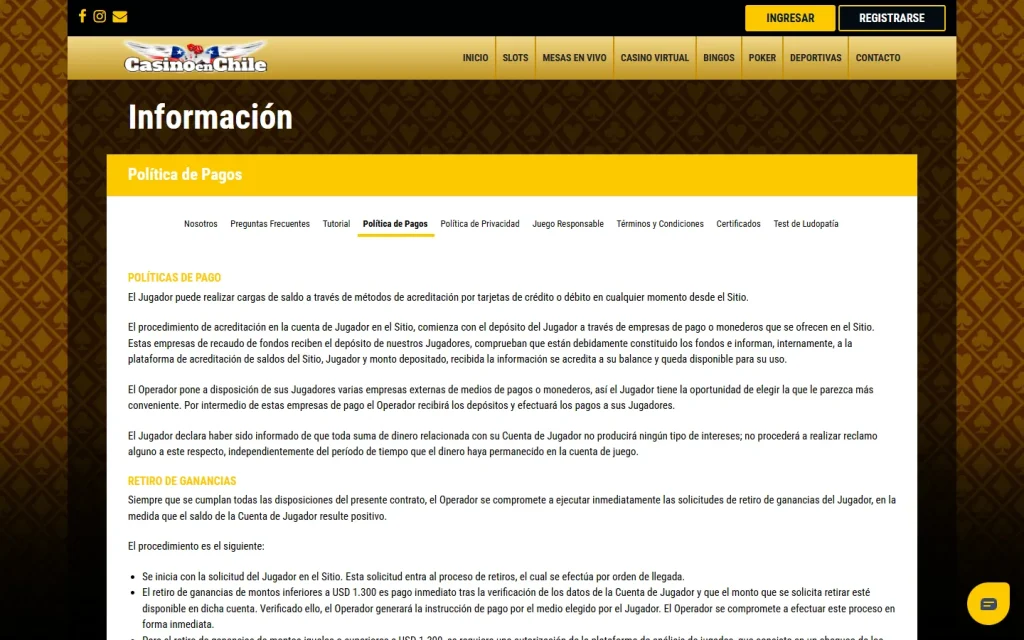 Política de pagos de Casino en Chile