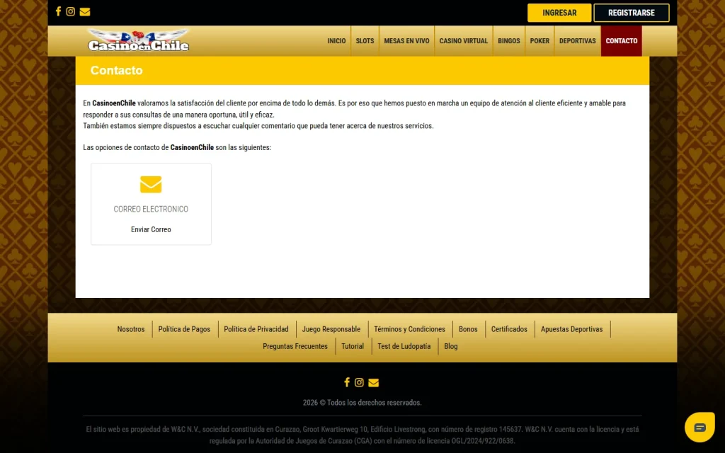 Página de contacto de Casino en Chile