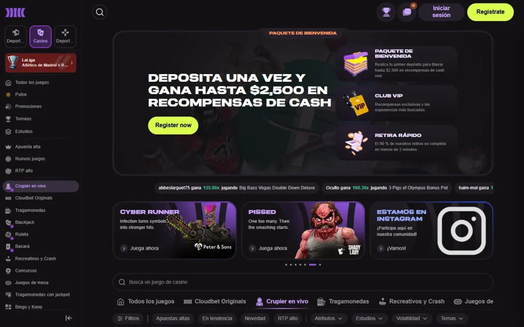 Sección de casino en vivo de Cloudbet