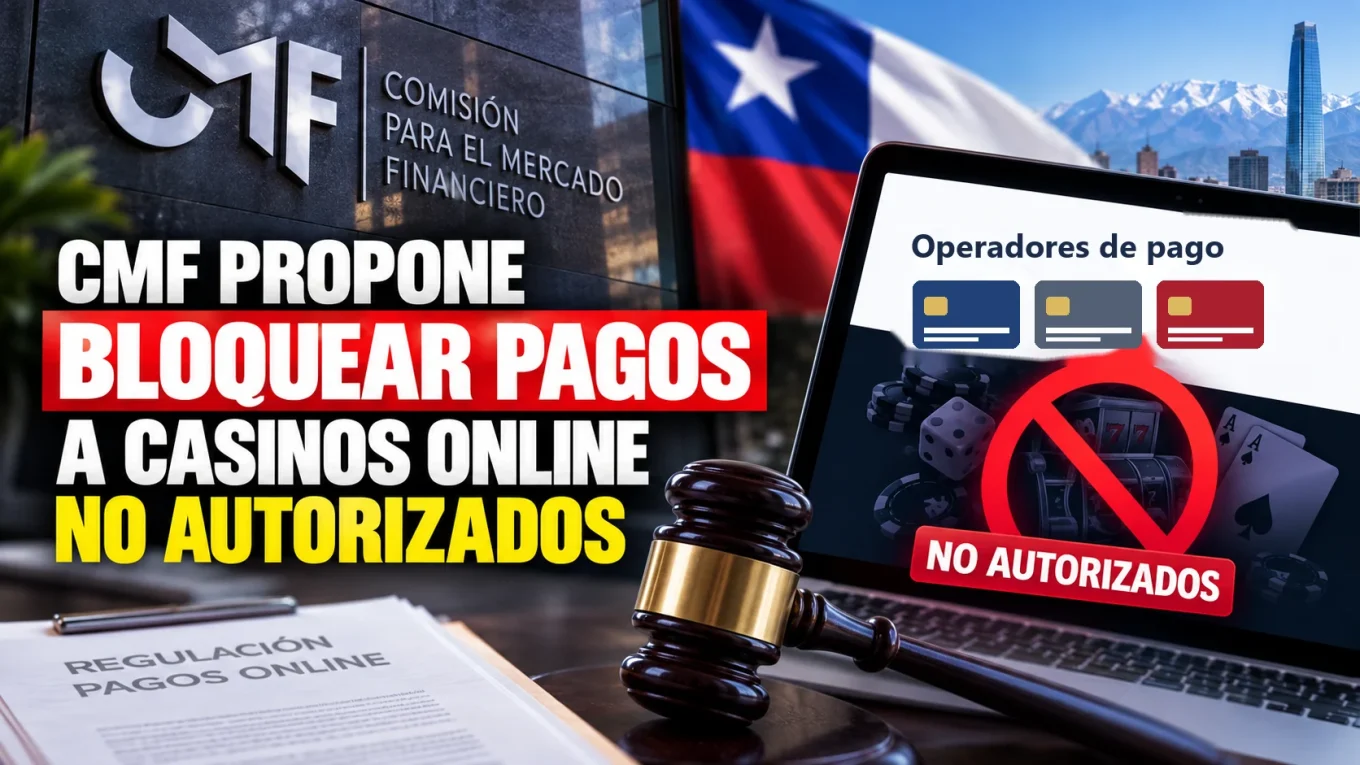 Letrero de la CMF junto a una laptop con tarjetas de pago genéricas y un aviso de casinos no autorizados