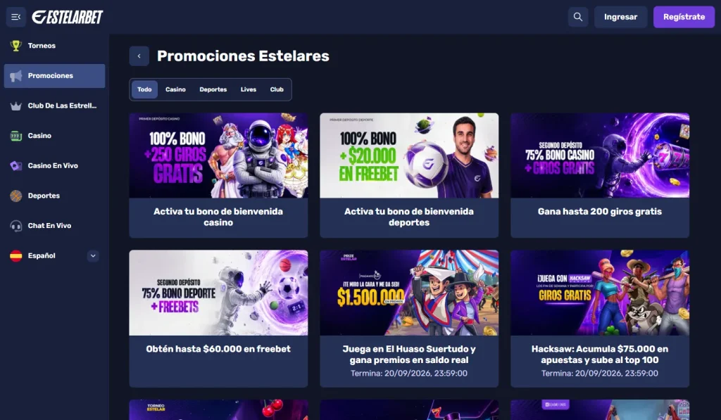 Página de promociones de Estelarbet