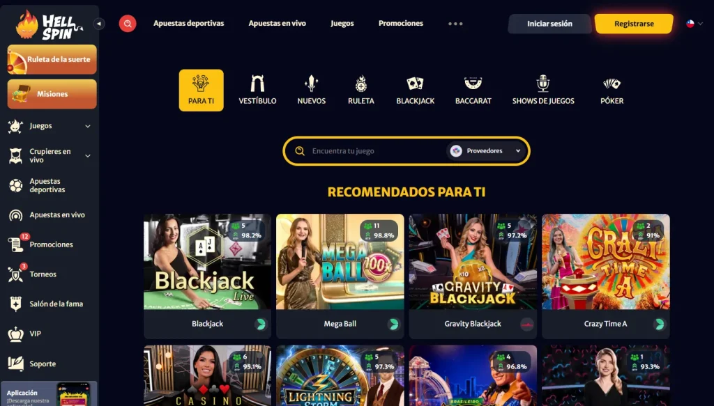 Lobby de casino en vivo de HellSpin