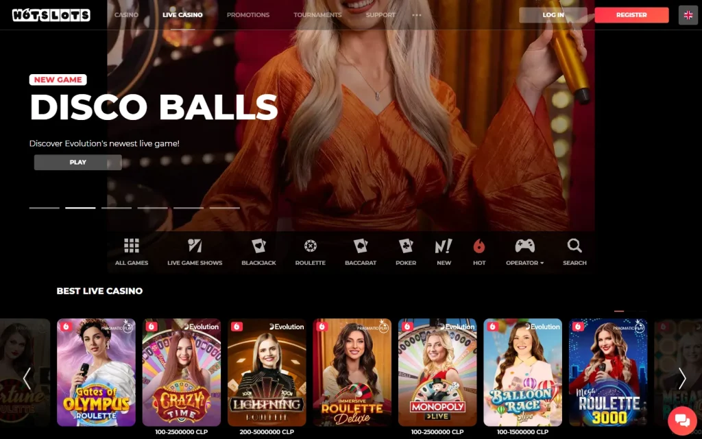 Sección de casino en vivo de HotSlots