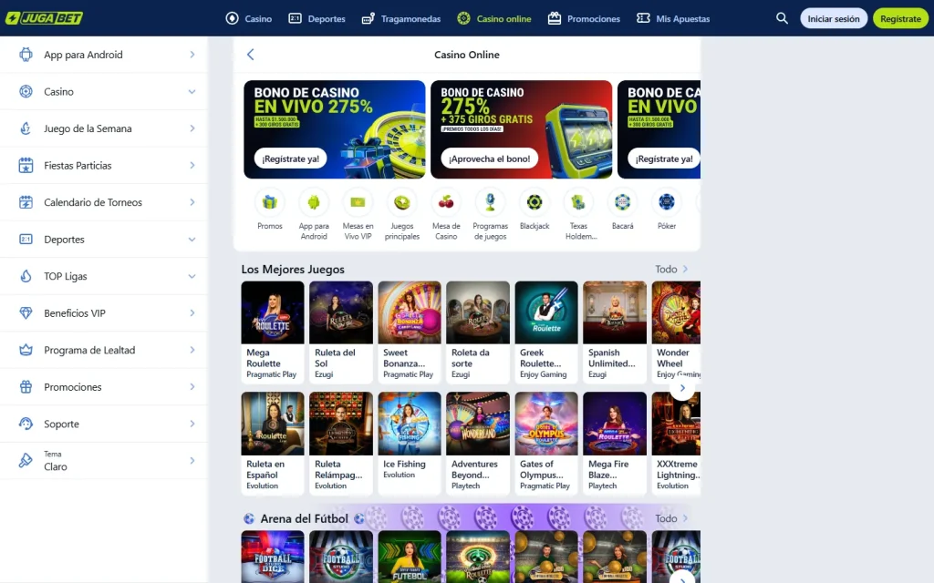 Sección de casino en vivo de Jugabet
