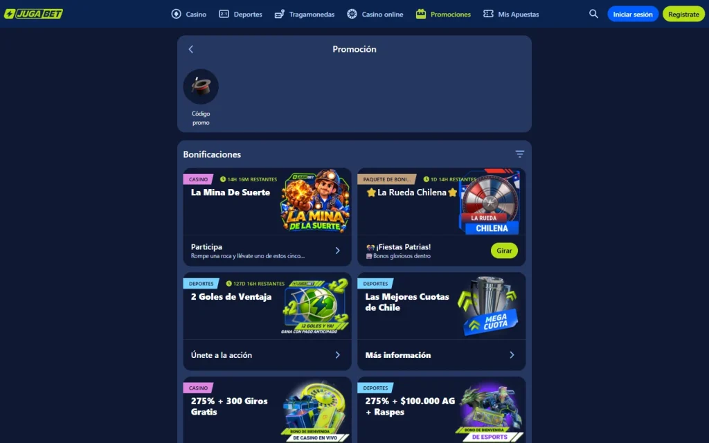 Página de promociones de Jugabet