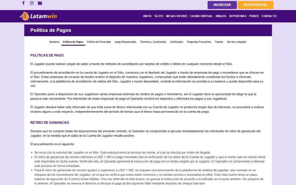 Política de pagos de Latamwin