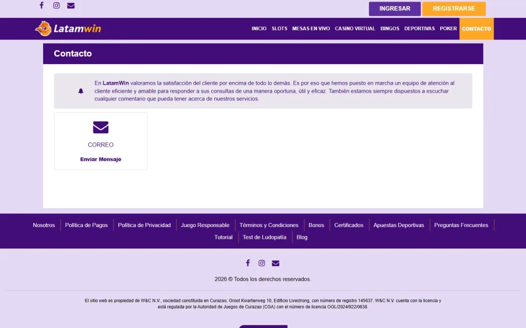 Página de contacto de Latamwin