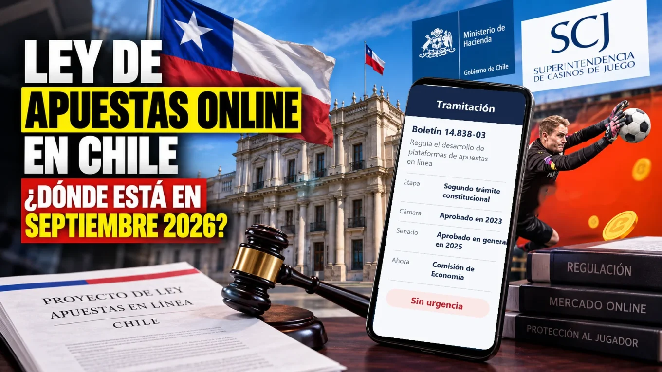 Proyecto de ley de apuestas en línea y un celular con su estado de tramitación en el Senado