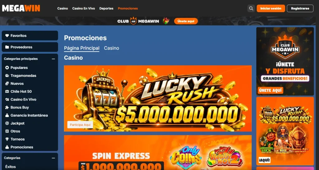 Página de promociones de Megawin