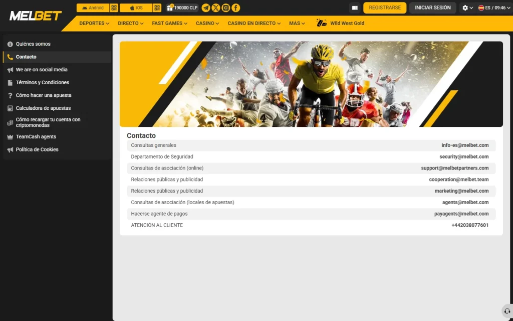 Página de contacto de Melbet