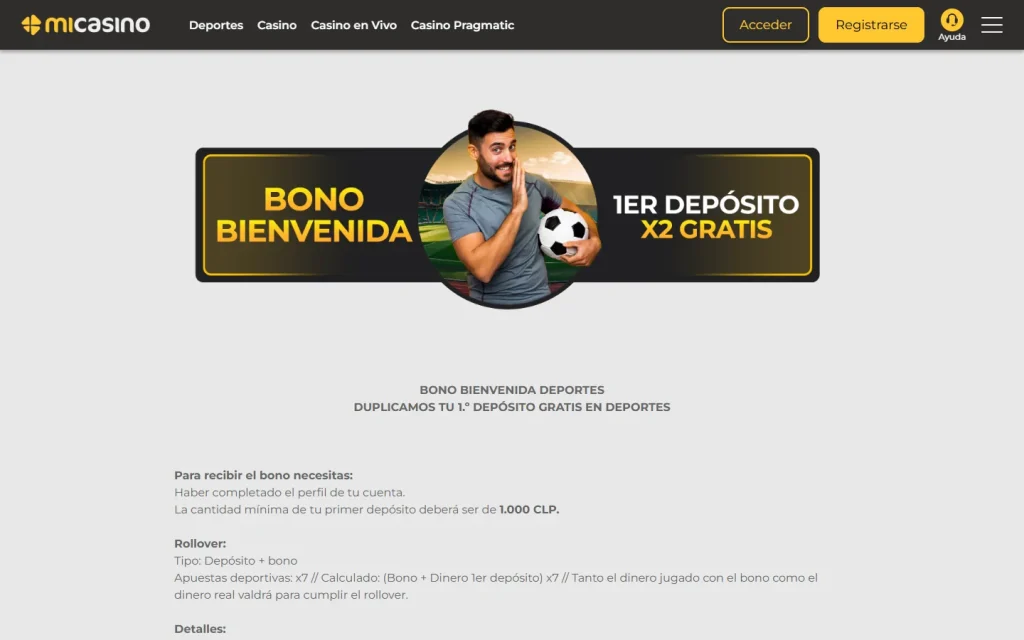 Página del bono de bienvenida de Mi Casino