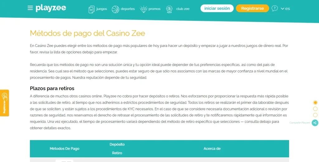 Página de métodos de pago de PlayZee