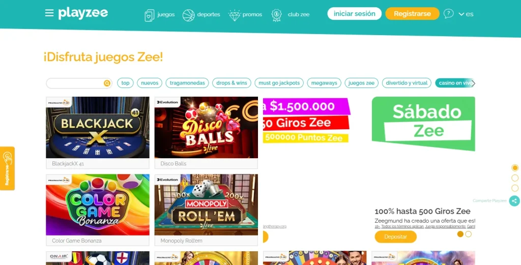 Lobby de casino en vivo de PlayZee