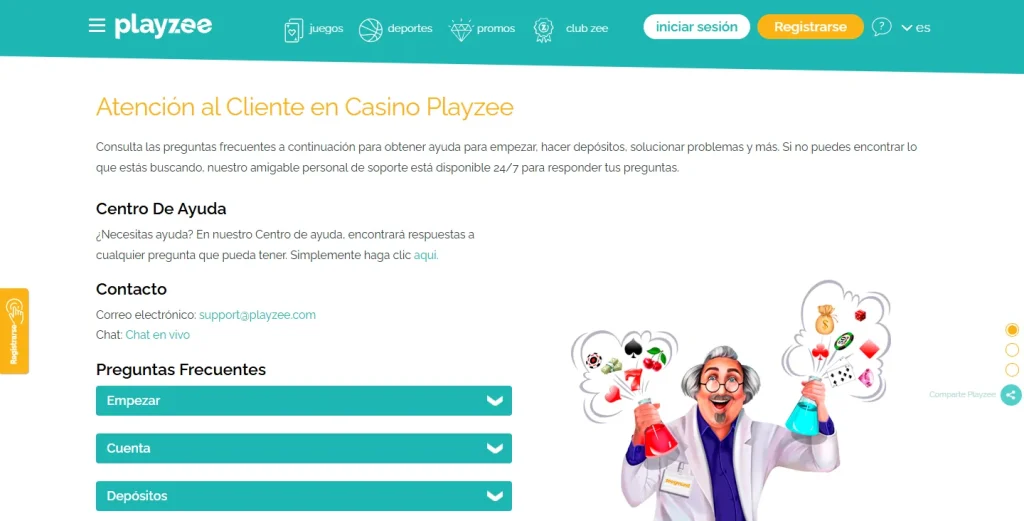 Página de atención al cliente de PlayZee