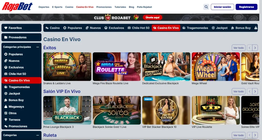 Lobby de casino en vivo de Rojabet