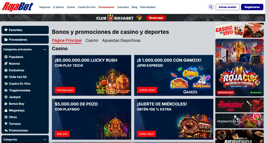 Página de promociones de Rojabet