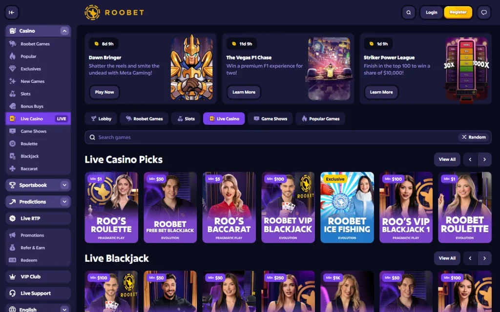 Lobby de casino en vivo de Roobet