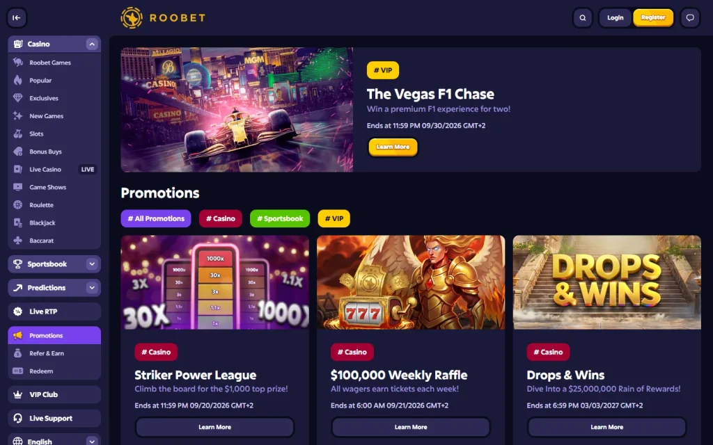 Página de promociones de Roobet