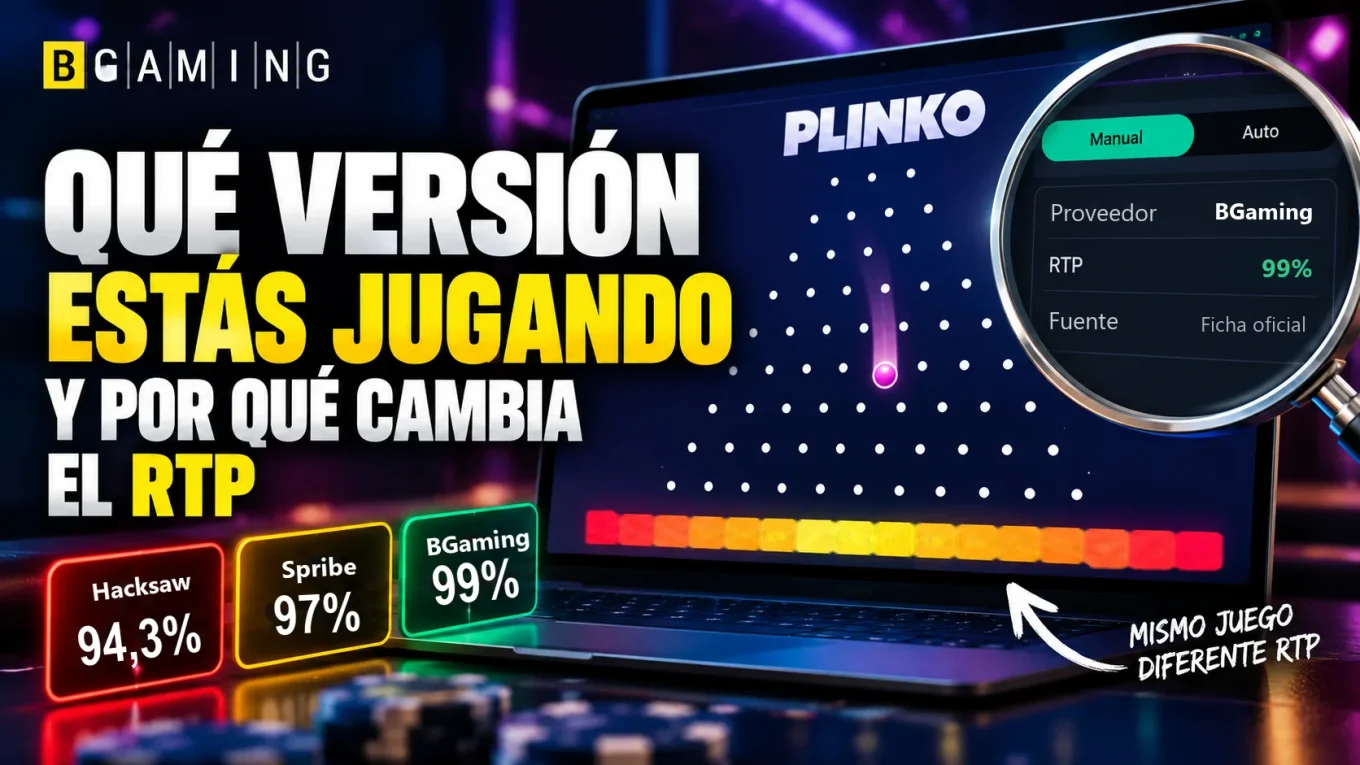 Tablero de Plinko con el RTP de BGaming bajo una lupa y el de otras versiones al lado
