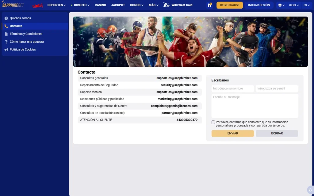 Página de contacto de Sapphirebet