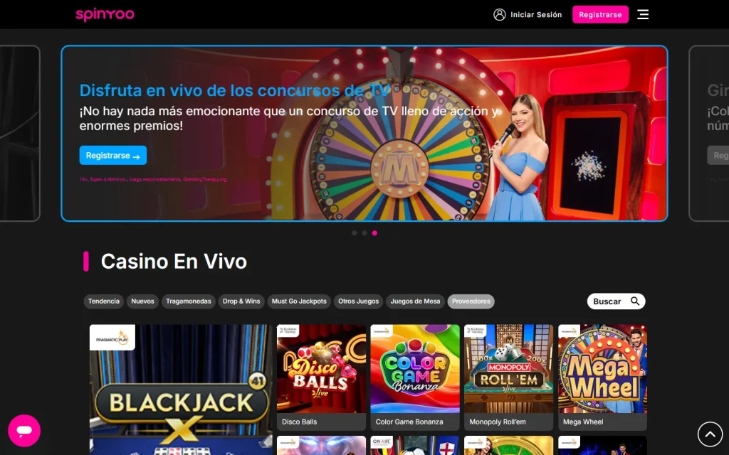 Sección de casino en vivo de SpinYoo