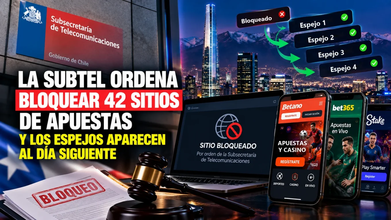 Letrero de la Subtel, una pantalla de sitio bloqueado y dominios espejo junto a apps de apuestas
