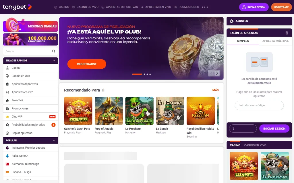 Portada de TonyBet, que abre con apuestas deportivas