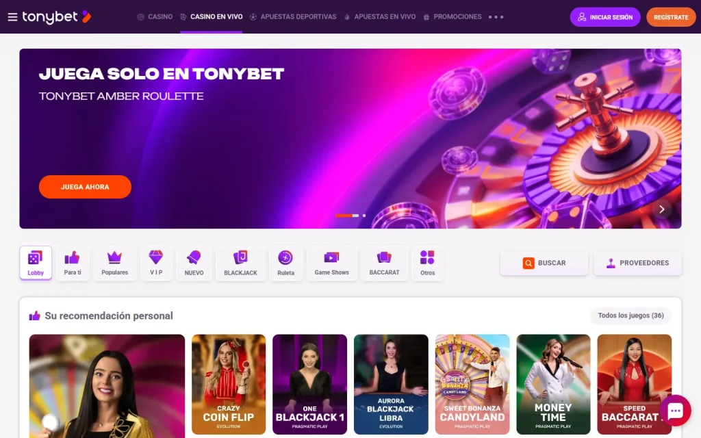 Sección de casino en vivo de TonyBet