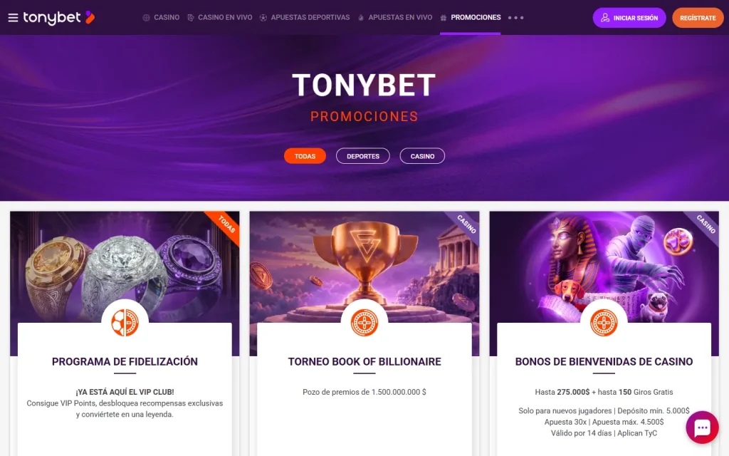 Página de promociones de TonyBet