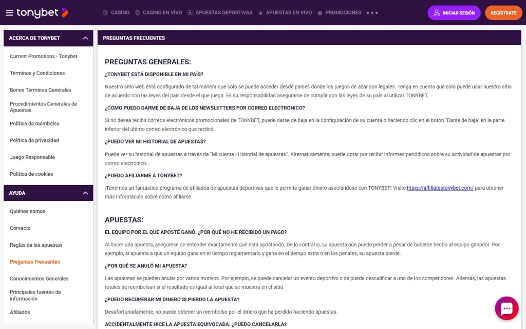 Preguntas frecuentes de TonyBet