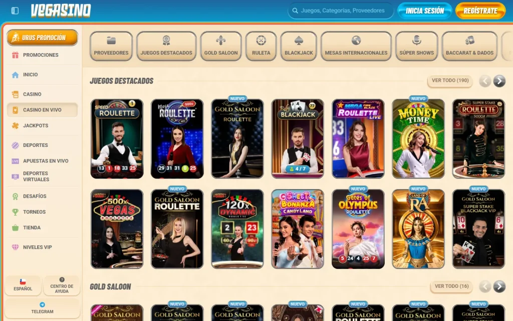 Lobby de casino en vivo de Vegasino