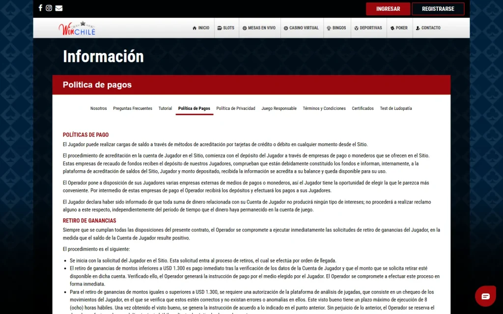 Política de pagos de WinChile