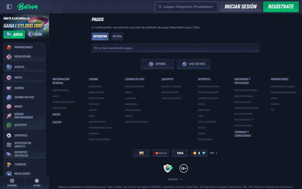Página de pagos de Betinia sin métodos listados